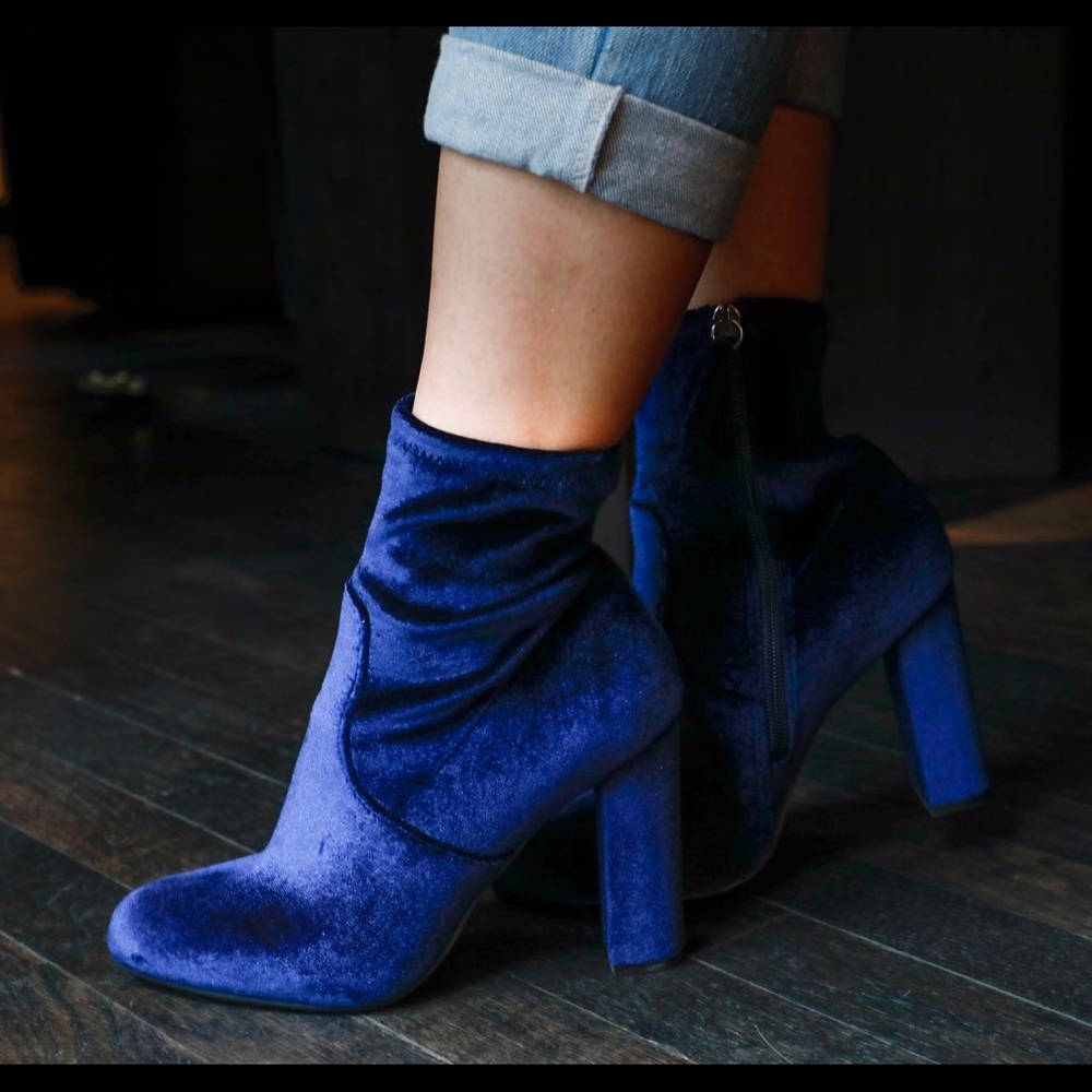Blue velvet booties